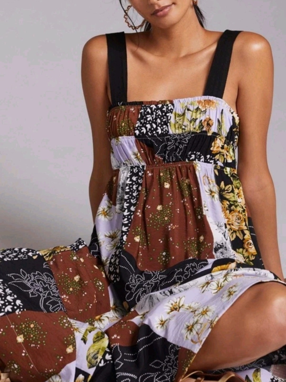 Anthropologie Maeve Floral Patchwork Midi Dress in Brown Black White Yellow S